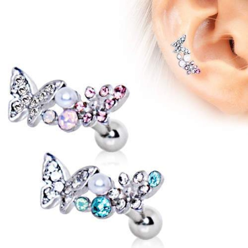 Art of Brilliance Branched Butterfly Cartilage Barbell Earring – 1 Piece 16G (1.2mm) Length: 1/4″ (6mm) | Ball-Size: 4mm Clear/Aqua