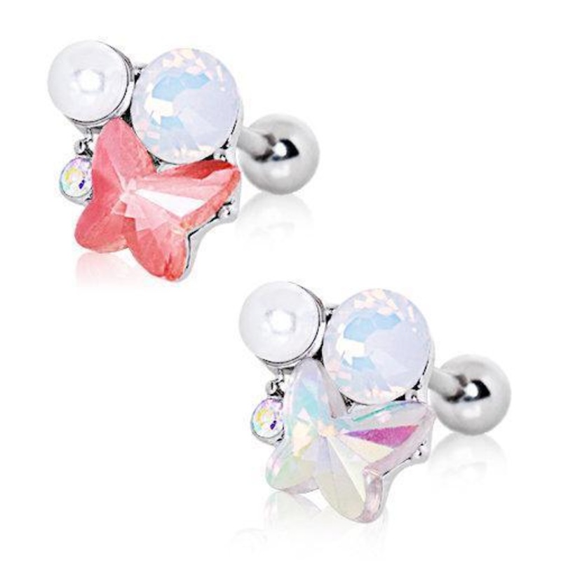 Art of Brilliance Butterfly Gleam Cartilage Barbell Earring – 1 Piece 16G (1.2mm) Length: 1/4″ (6mm) | Ball-Size: 4mm AuroraBorealis