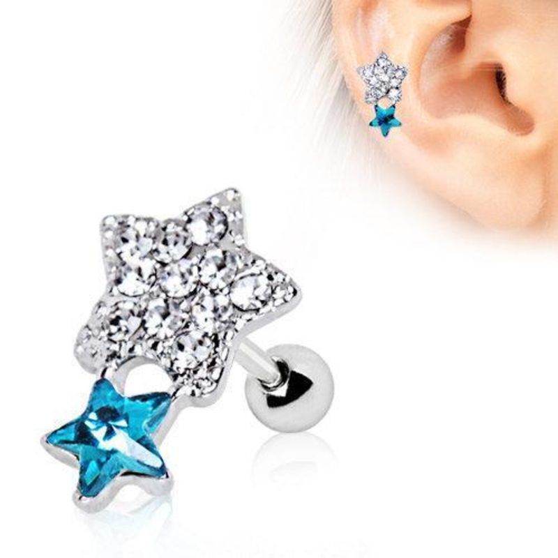 Art of Brilliance Shining Star Cartilage Barbell Earring – 1 Piece 16G (1.2mm) Length: 1/4″ (6mm) | Ball-Size: 4mm Clear/Aqua