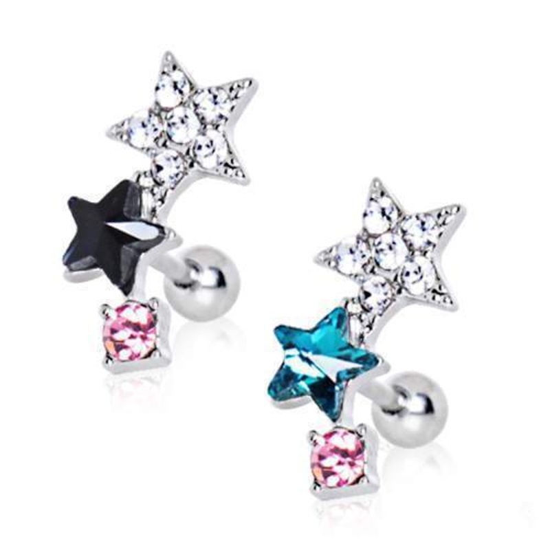 Art of Brilliance Star Power Cartilage Barbell Earring – 1 Piece 16G (1.2mm) Length: 1/4″ (6mm) | Ball-Size: 4mm Clear/Aqua/Pink