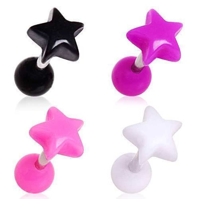 Cartilage Barbell Earring Acrylic Star – 1 Piece 16G (1.2mm) Length: 1/4″ (6mm) | Ball-Size: 4mm Black