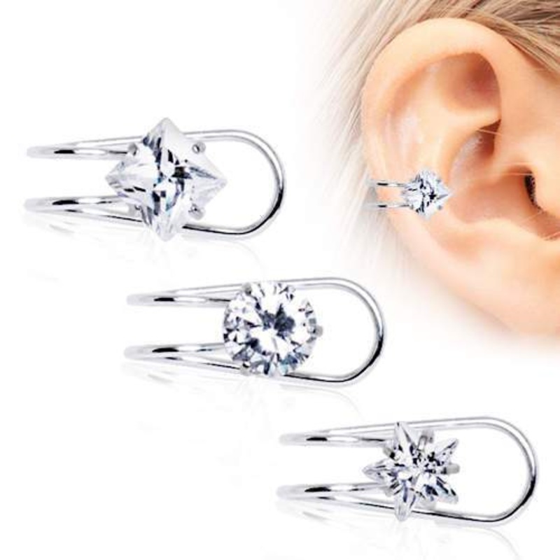 Clip-On Cartilage Earring Multi-Shaped CZ – 1 Piece . . Clear/Round