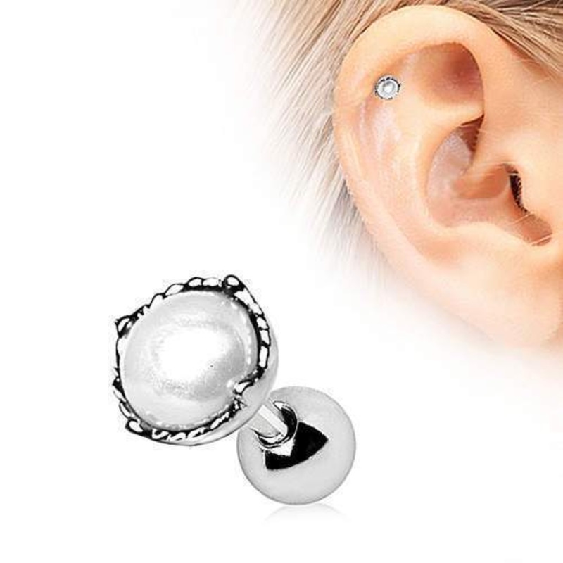 Crown Pearl Cartilage Barbell Earring – 1 Piece 16G (1.2mm) Length: 1/4″ (6mm)