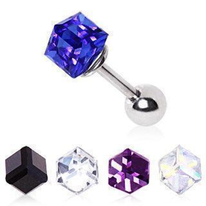 Cubed Prism Cartilage Barbell Earring – 1 Piece 16G (1.2mm) Length: 1/4″ (6mm) | Ball-Size: 4mm AuroraBorealis