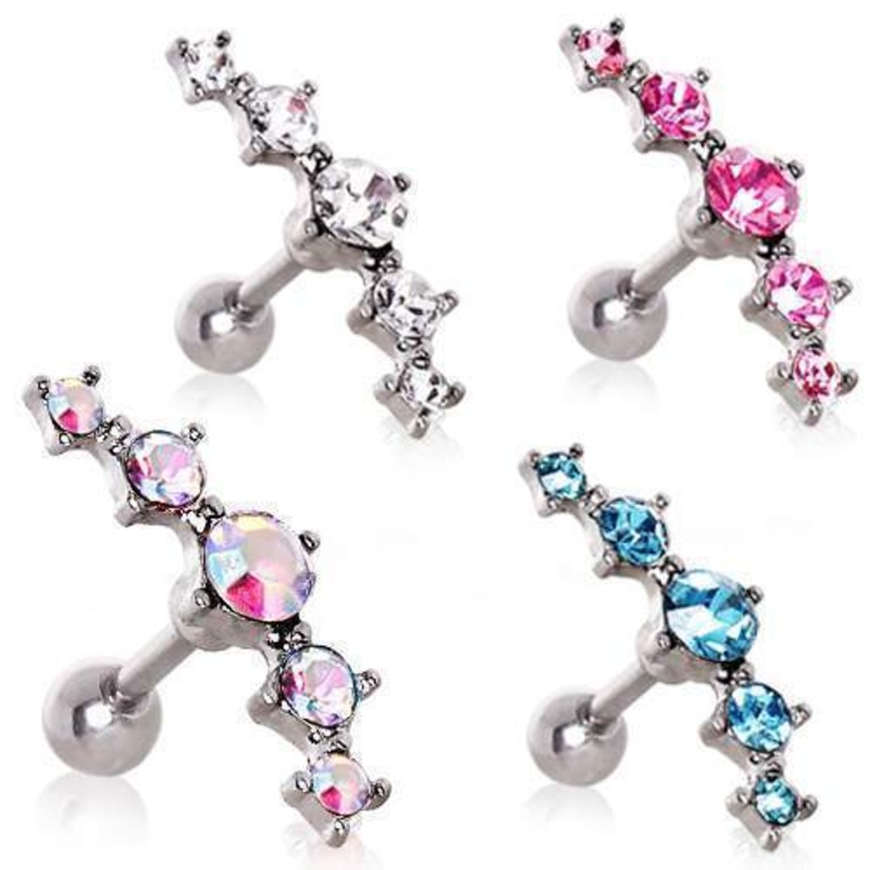 Curved Five CZ Cartilage Barbell Earring – 1 Piece 16G (1.2mm) Length: 1/4″ (6mm) | Ball-Size: 4x3x2mm Aqua