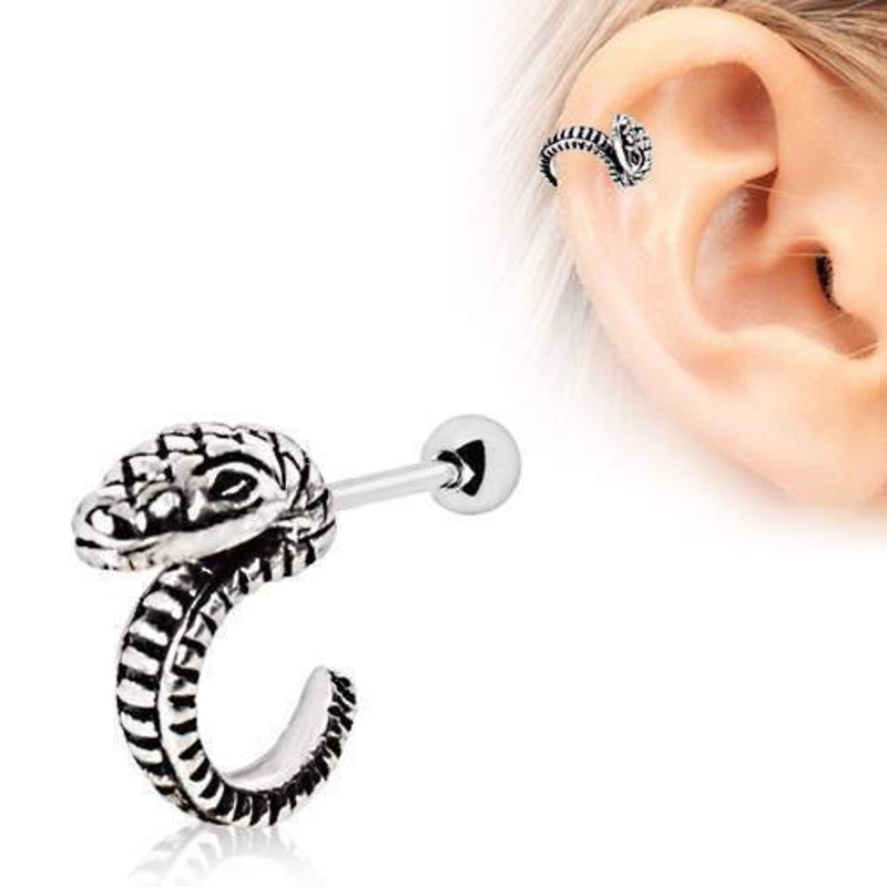 Curved Snake Cartilage Barbell Earring – 1 Piece 16G (1.2mm) Length: 1/4″ (6mm)