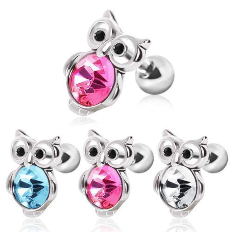 Cute Owl Gem Cartilage Barbell Earring – 1 Piece 16G (1.2mm) Length: 1/4″ (6mm) Aqua