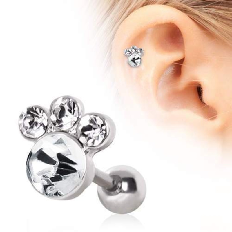 Gemmed Animal Paw Cartilage Barbell Earring – 1 Piece 16G (1.2mm) Length: 1/4″ (6mm) Clear