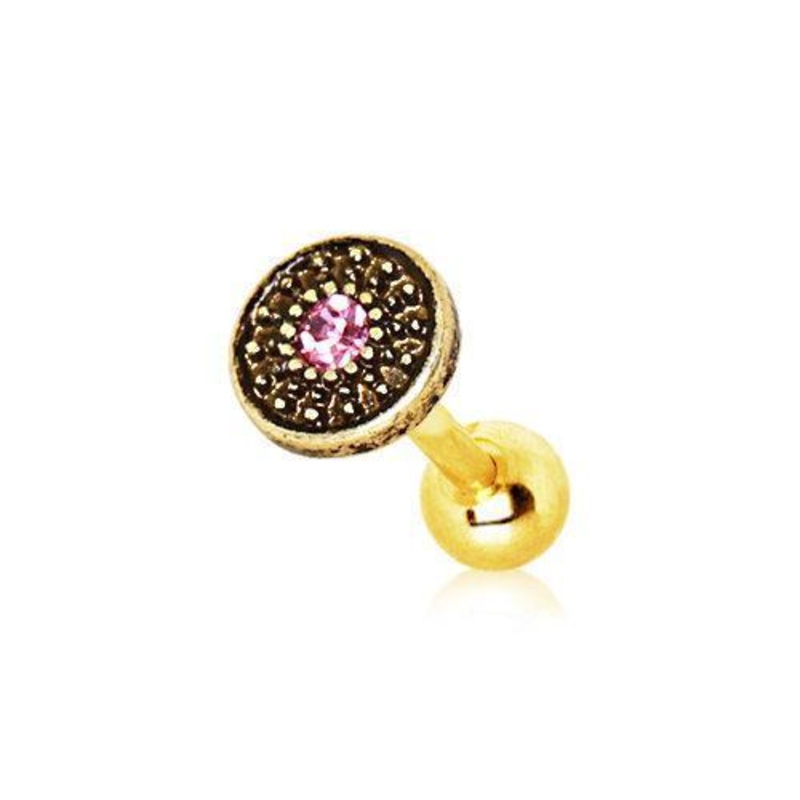 Gold Plated Antique Tribal Shield Cartilage Barbell Earring – 1 Piece 16G (1.2mm) Length: 1/4″ (6mm)