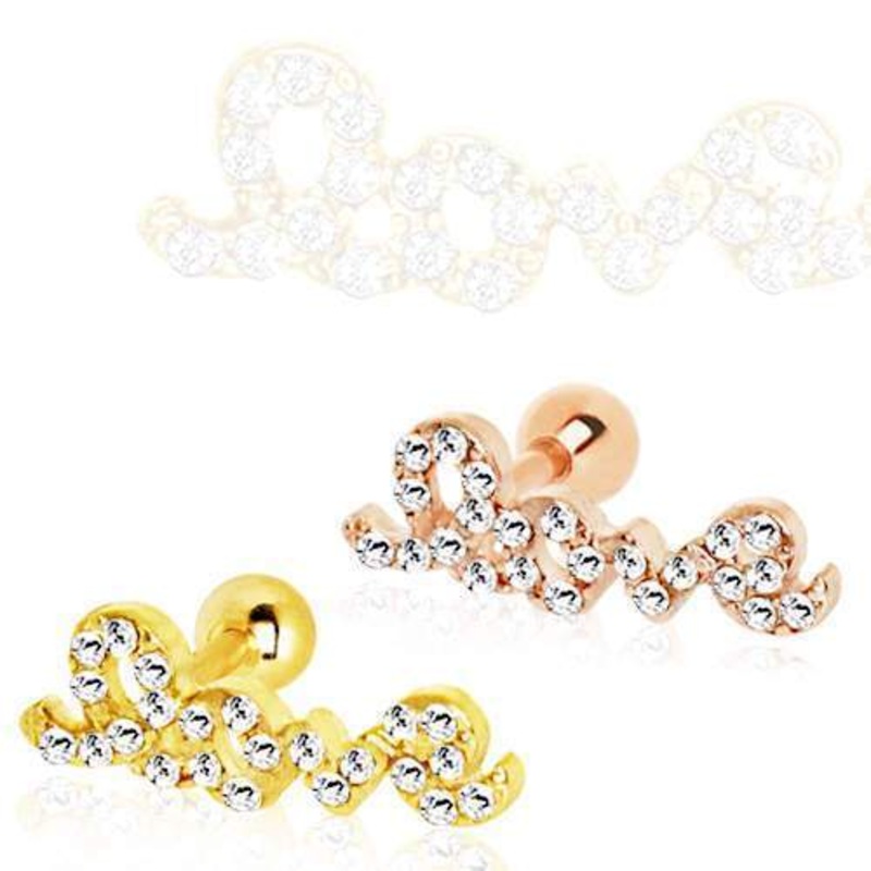 Gold Plated Art of Brilliance Love Script Cartilage Barbell Earring – 1 Piece 16G (1.2mm) Length: 1/4″ (6mm) | Ball-Size: 4mm RoseGold