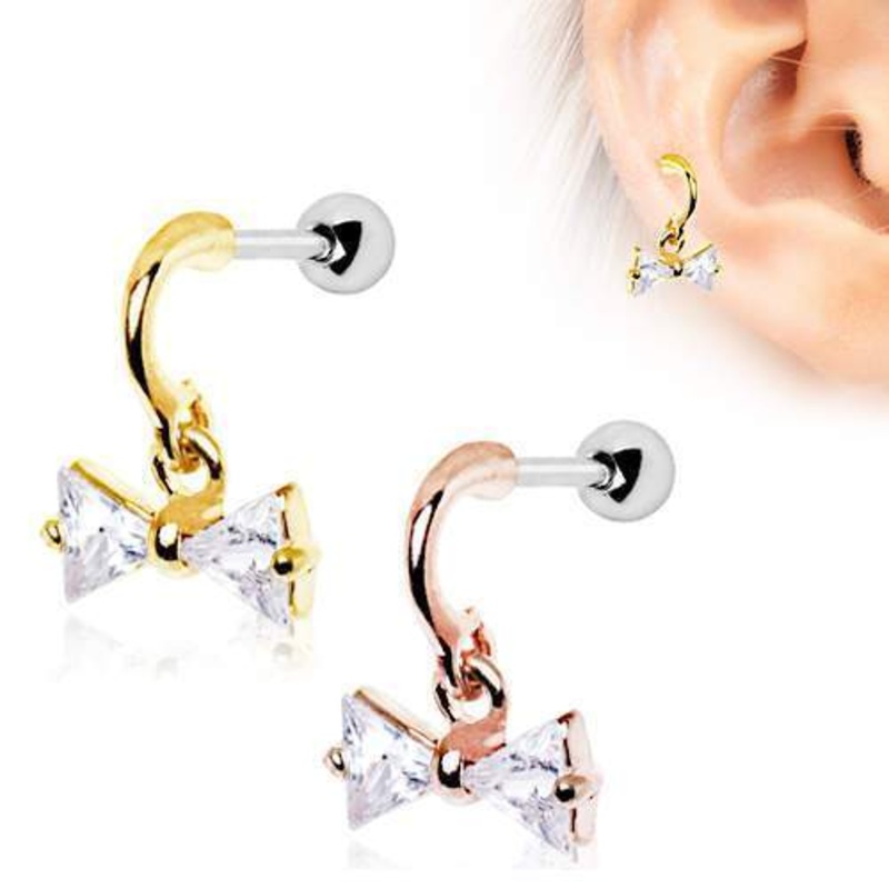 Gold Plated Art of Brilliance Take a Bow Cartilage Barbell Earring – 1 Piece 16G (1.2mm) Length: 1/4″ (6mm) | Ball-Size: 4mm RoseGold