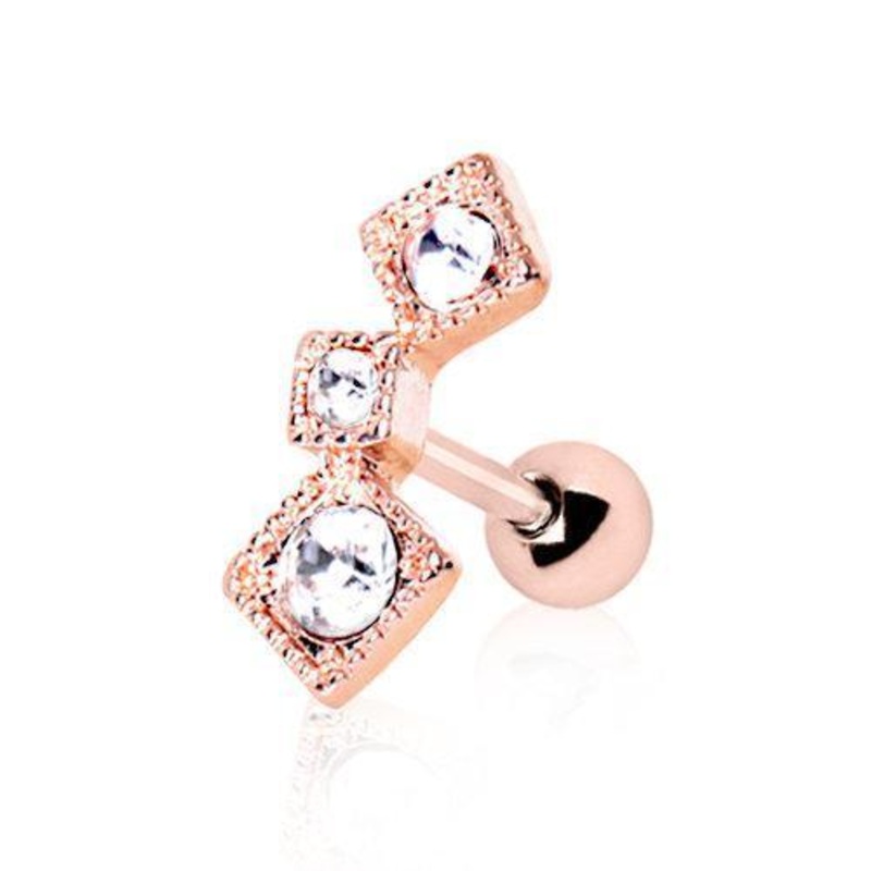 Gold Plated Art of Brilliance Triple Square Drop Cartilage Barbell Earring – 1 Piece 16G (1.2mm) Length: 1/4″ (6mm) | Ball-Size: 4mm