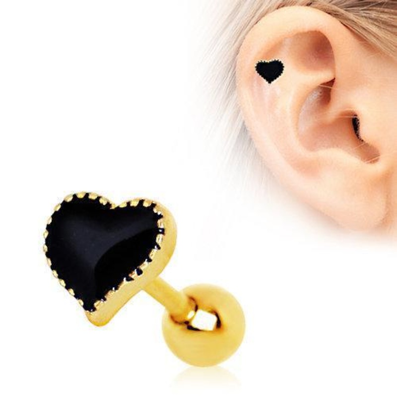Gold Plated Black Heart Cartilage Barbell Earring – 1 Piece 16G (1.2mm) Length: 1/4″ (6mm) | Ball-Size: 4mm Black