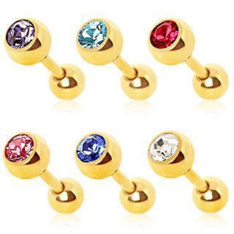 Gold Plated Cartilage Barbell Earring Press Fit CZ. – 1 Piece 16G (1.2mm) Length: 1/4″ (6mm) | Ball-Size: 4mm Aqua