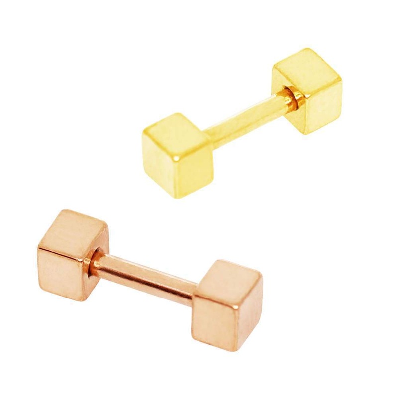 Gold Plated Cubed Cartilage Barbell Earring – 1 Piece 16G (1.2mm) Length: 1/4″ (6mm) | Ball-Size: 3mm RoseGold