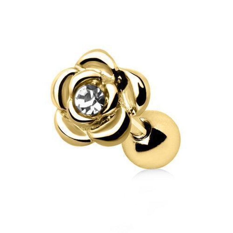 Gold Plated Diamond Rose Cartilage Barbell Earring – 1 Piece 16G (1.2mm) Length: 1/4″ (6mm) | Ball-Size: 4mm Clear