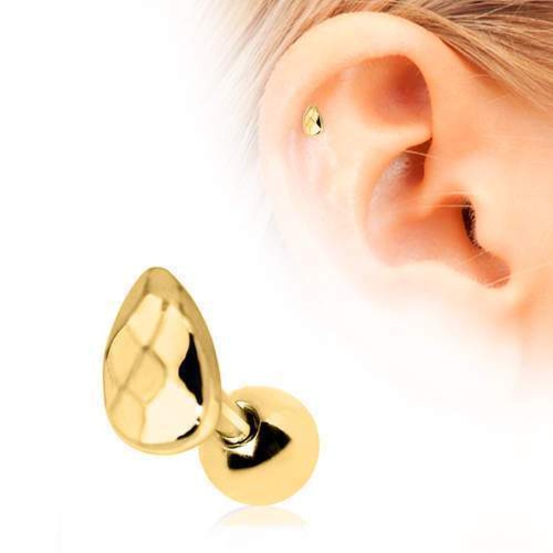 Gold Plated Faceted Teardrop Cartilage Barbell Earring – 1 Piece 16G (1.2mm) Length: 1/4″ (6mm) | Ball-Size: 4mm