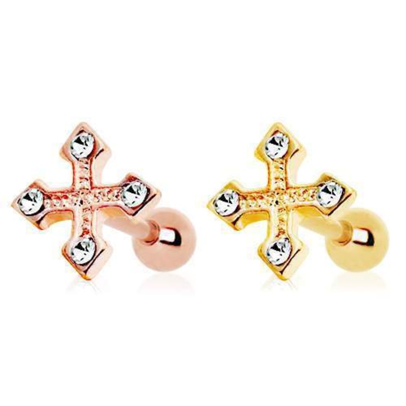 Gold Plated Jeweled Cross Bottony Cartilage Barbell Earring – 1 Piece 16G (1.2mm) Length: 1/4″ (6mm) RoseGold