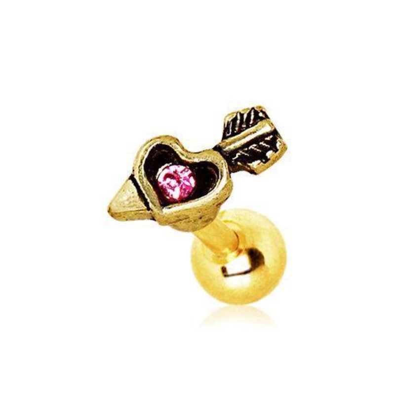 Gold Plated Mini Arrowed Heart Cartilage Barbell Earring – 1 Piece 16G (1.2mm) Length: 1/4″ (6mm)