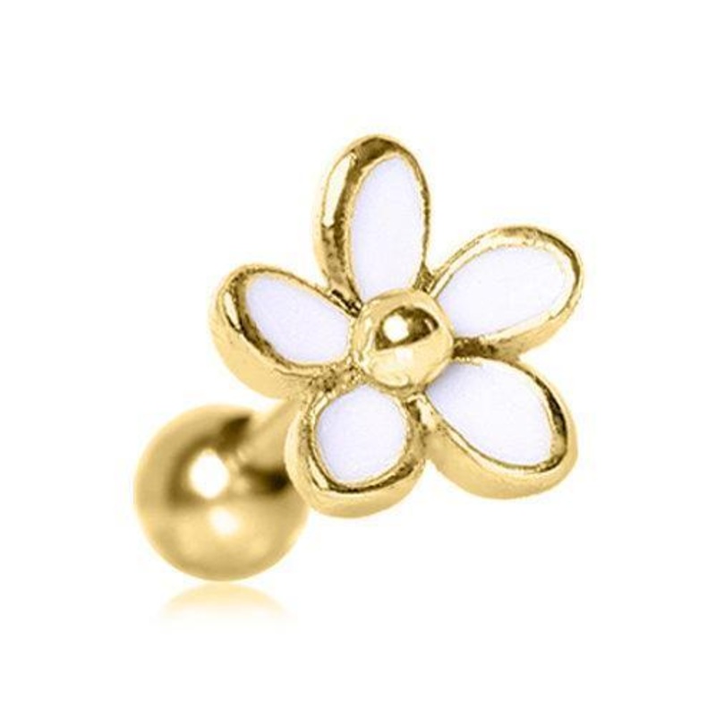 Gold Plated Sweet White Daisy Cartilage Barbell Earring – 1 Piece 16G (1.2mm) Length: 1/4″ (6mm) | Ball-Size: 4mm