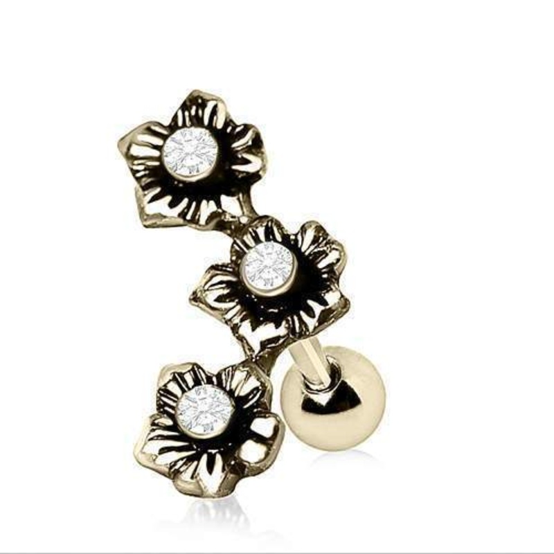 Gold Plated Triple Flower Cartilage Barbell Earring – 1 Piece 16G (1.2mm) Length: 1/4″ (6mm) Clear