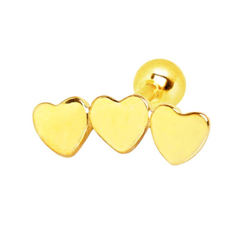 Gold Plated Triple Heart Cartilage Barbell Earring – 1 Piece 16G (1.2mm) Length: 1/4″ (6mm)