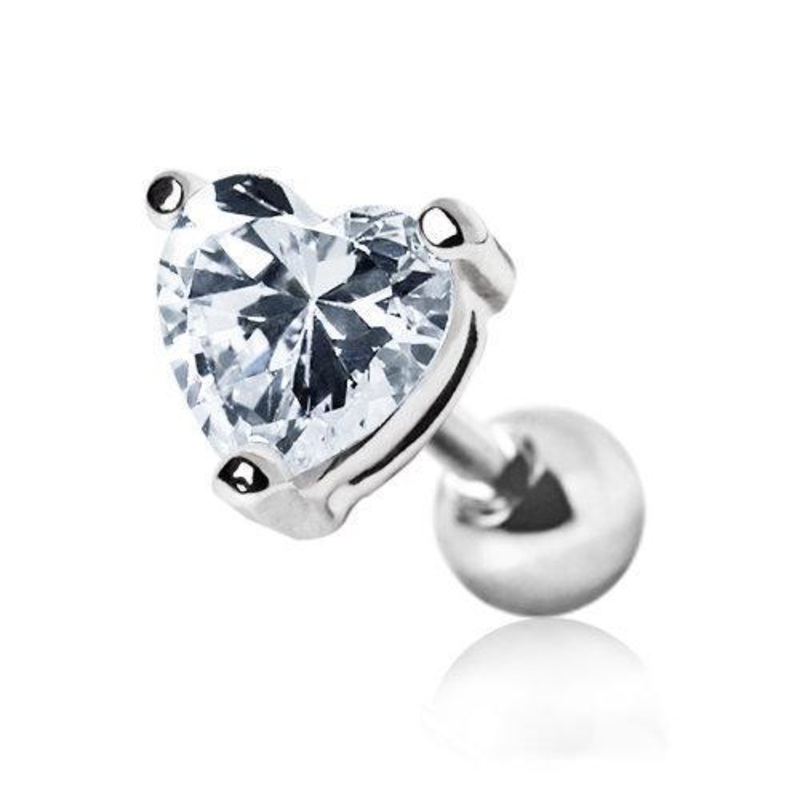Heart CZ Stud Cartilage Barbell Earring – 1 Piece 16G (1.2mm) Length: 1/4″ (6mm) Clear