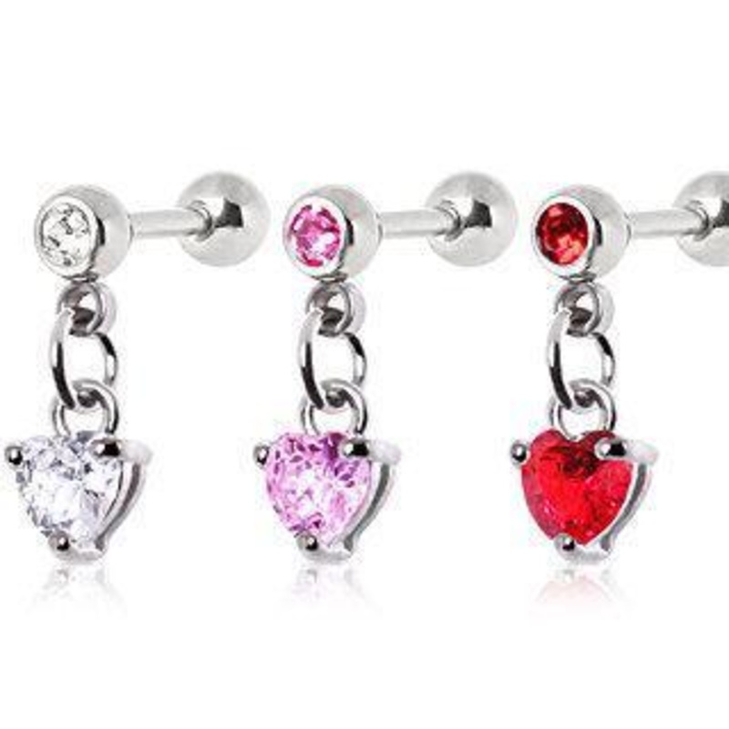 Heart Dangle Cartilage Barbell Earring – 1 Piece 16G (1.2mm) Length: 1/4″ (6mm) Clear