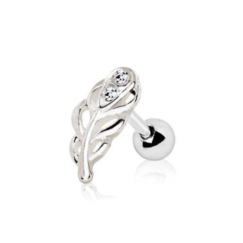 Jeweled Leaf Cartilage Barbell Earring – 1 Piece 16G (1.2mm) Length: 1/4″ (6mm) | Ball-Size: 4mm Clear