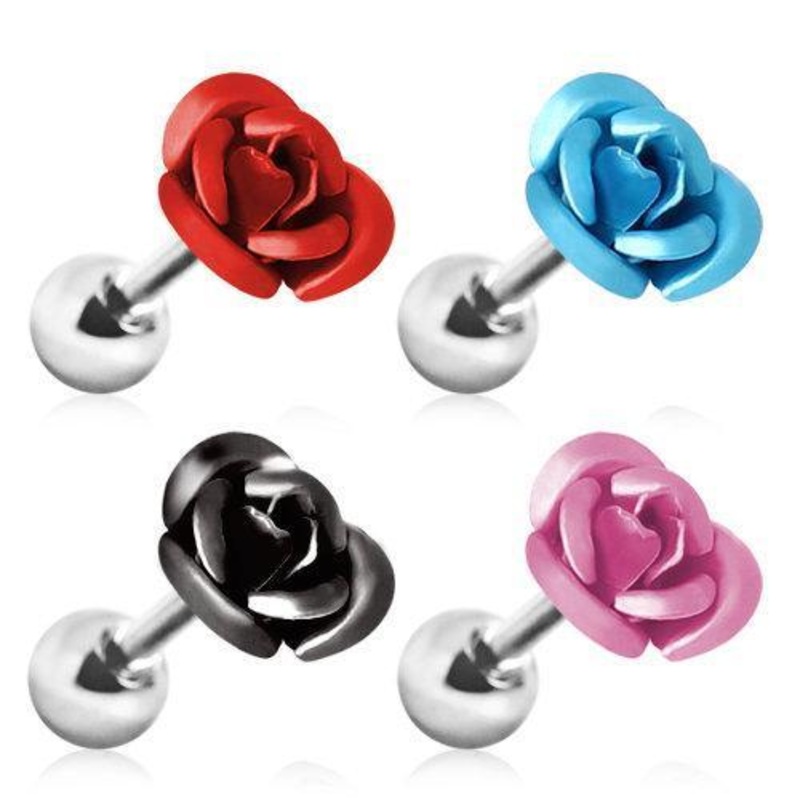 Metallic Rose Cartilage Barbell Earring – 1 Piece 16G (1.2mm) Length: 1/4″ (6mm) Red