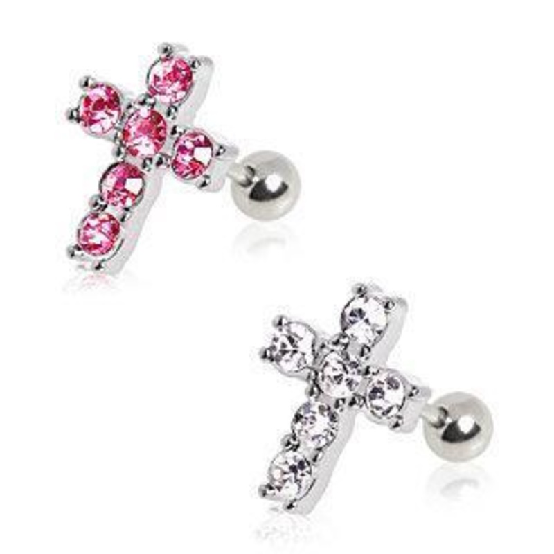Multi CZ Cross Stud Cartilage Barbell Earring – 1 Piece 16G (1.2mm) Length: 1/4″ (6mm) Clear