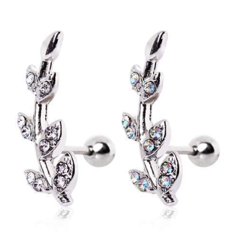 Multi CZ Leaf Cartilage Barbell Earring – 1 Piece 16G (1.2mm) Length: 1/4″ (6mm) | Ball-Size: 4mm AuroraBorealis