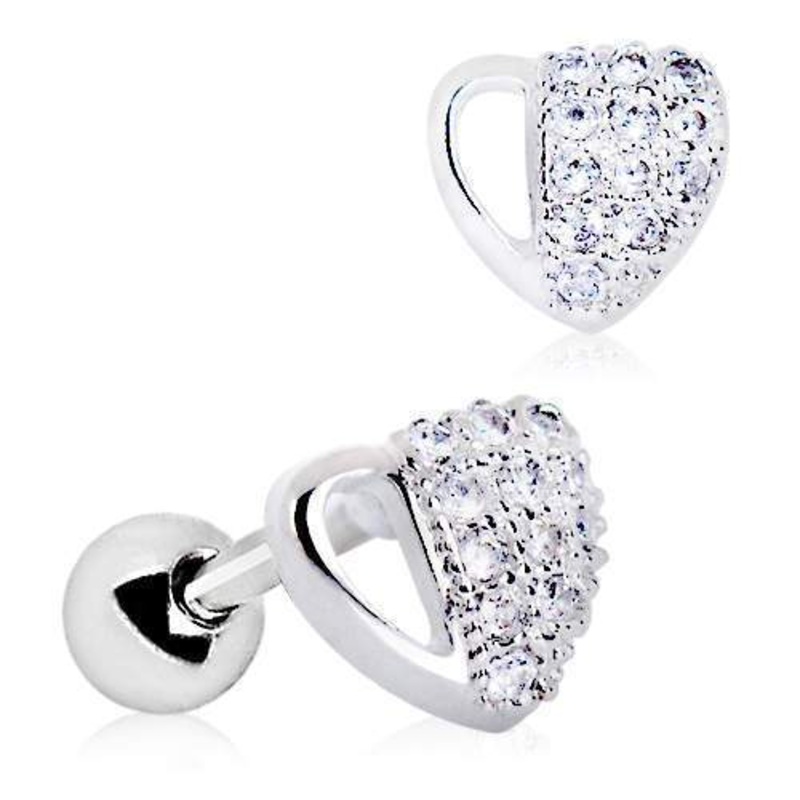 Multi-CZ Vacant Heart Cartilage Barbell Earring – 1 Piece 16G (1.2mm) Length: 1/4″ (6mm) | Ball-Size: 4mm Clear