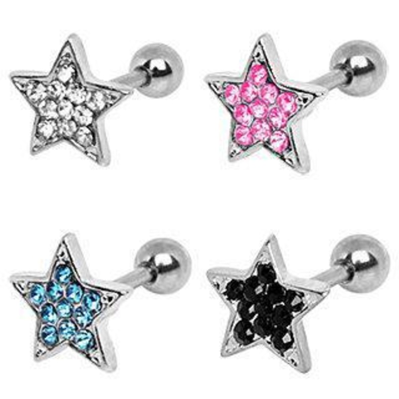 Multi-Gem Star Cartilage Barbell Earring – 1 Piece 16G (1.2mm) Length: 1/4″ (6mm) Aqua
