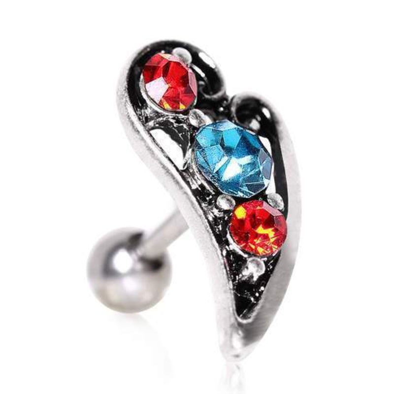Ornate Leaf Gemmed Cartilage Barbell Earring – 1 Piece 16G (1.2mm) Length: 1/4″ (6mm) | Ball-Size: 4mm