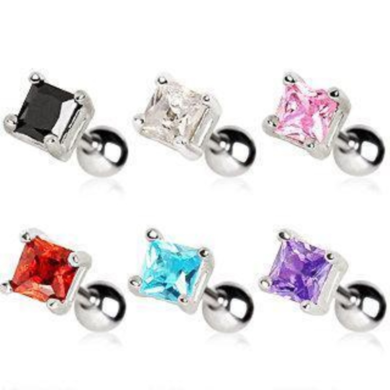 Prong Set 4mm Square CZ Cartilage Barbell Earring – 1 Piece 16G (1.2mm) Length: 1/4″ (6mm) | Ball-Size: 4mm Aqua