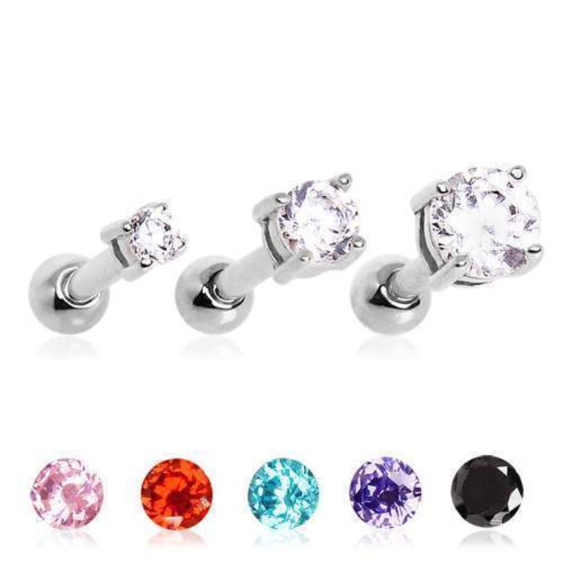 Prong Set Round 3,4, 5mm  CZ Cartilage Barbell Earring – 1 Piece 16G (1.2mm) Length: 1/4″ (6mm) | Ball-Size: 3mm Aqua