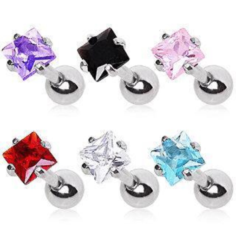 Prong Set Square CZ Cartilage Barbell Earring – 1 Piece 16G (1.2mm) Length: 1/4″ (6mm) | Ball-Size: 4mm Aqua