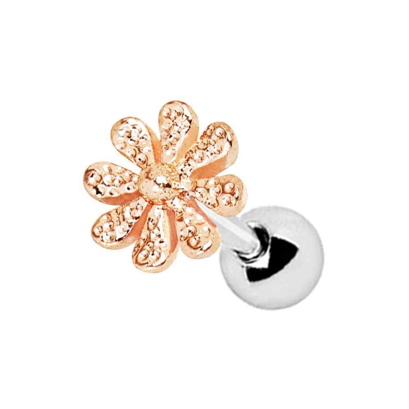 Rose Gold Plated Hawaiian Hibiscus Flower Cartilage Barbell Earring – 1 Piece 16G (1.2mm) Length: 1/4″ (6mm)