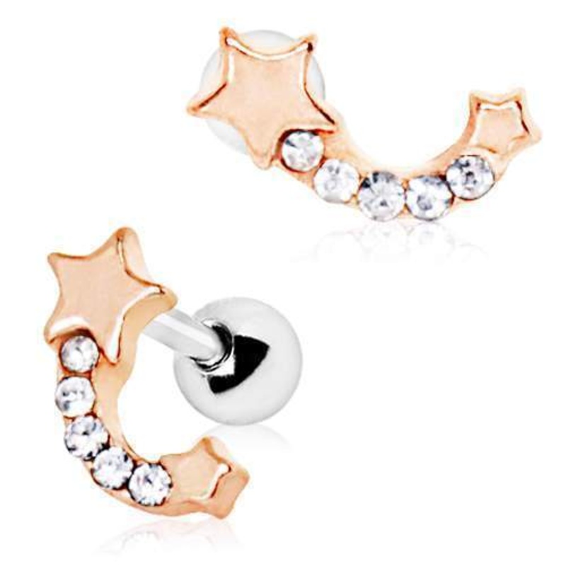 Rose Gold Plated Jeweled Shooting Star Cartilage Barbell Earring – 1 Piece 16G (1.2mm) Length: 1/4″ (6mm) | Ball-Size: 4mm Clear