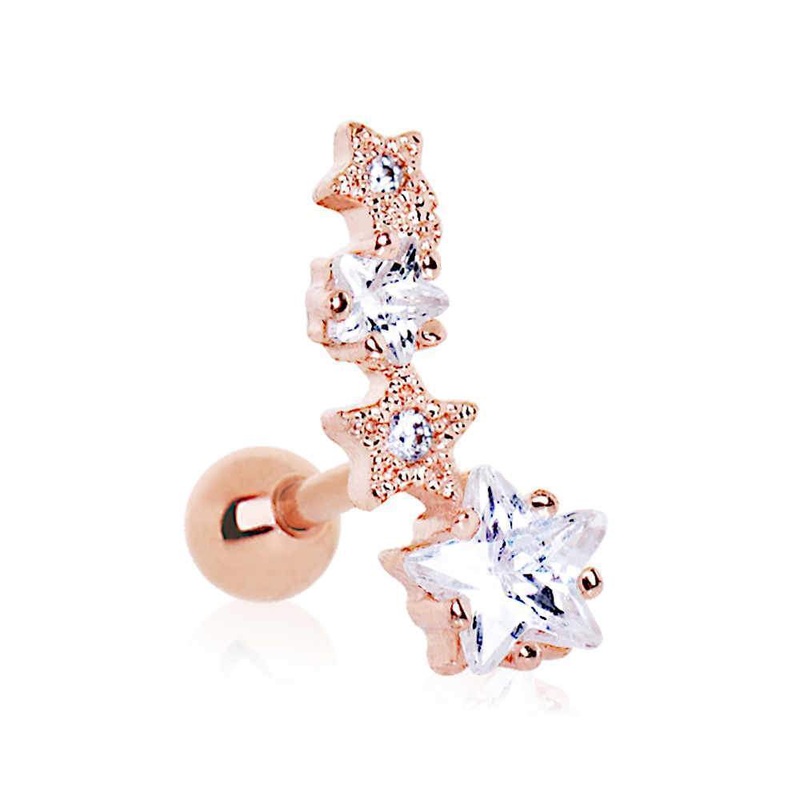 Rose Gold Plated Shooting Star Cartilage Barbell Earring – 1 Piece 16G (1.2mm) Length: 1/4″ (6mm) | Ball-Size: 4mm Clear