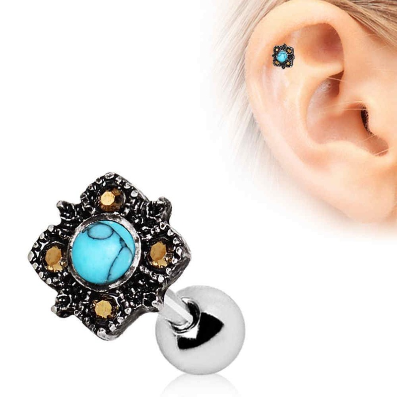 Square Filigree Cartilage Barbell Earring Turquoise – 1 Piece 16G (1.2mm) Length: 1/4″ (6mm)
