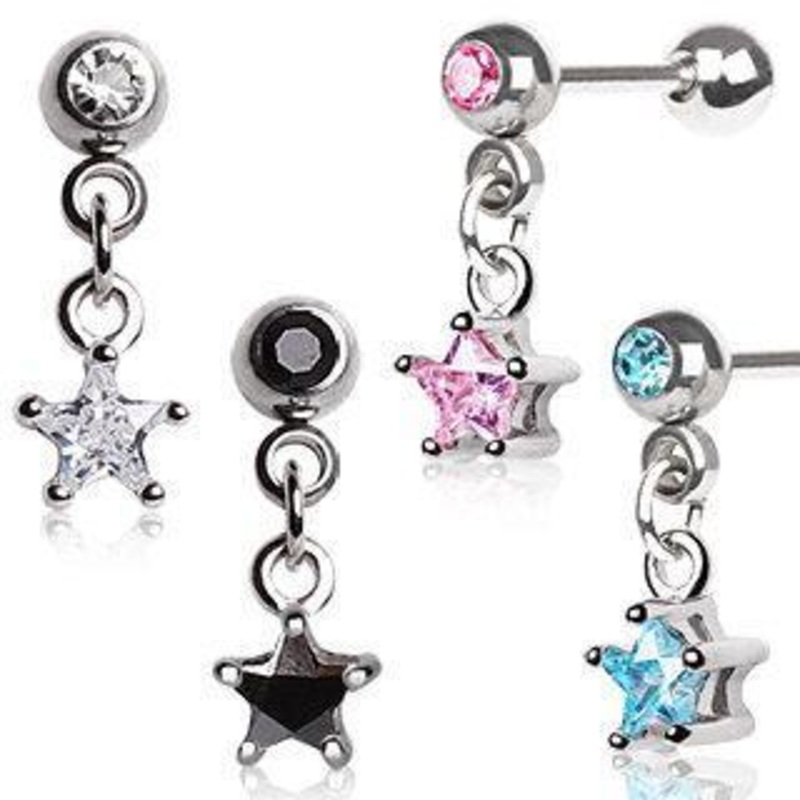 Star Dangle Cartilage Barbell Earring – 1 Piece 16G (1.2mm) Length: 1/4″ (6mm) | Ball-Size: 4mm Aqua