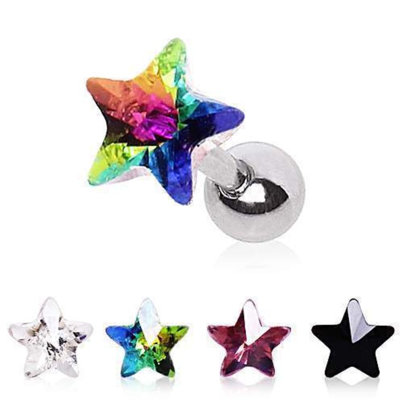 Star Prism Cartilage Barbell Earring – 1 Piece 16G (1.2mm) Length: 1/4″ (6mm) | Ball-Size: 4mm AuroraBorealis