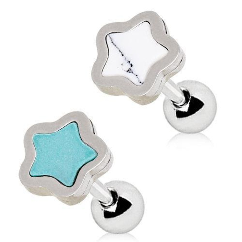 Star Shaped Stone Cartilage Barbell Earring – 1 Piece 16G (1.2mm) Length: 1/4″ (6mm) Howlite