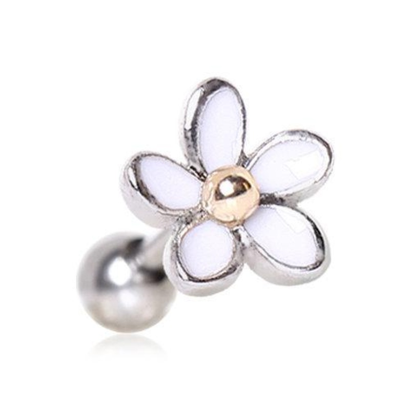 Sweet White Daisy Cartilage Barbell Earring – 1 Piece 16G (1.2mm) Length: 1/4″ (6mm) | Ball-Size: 4mm White