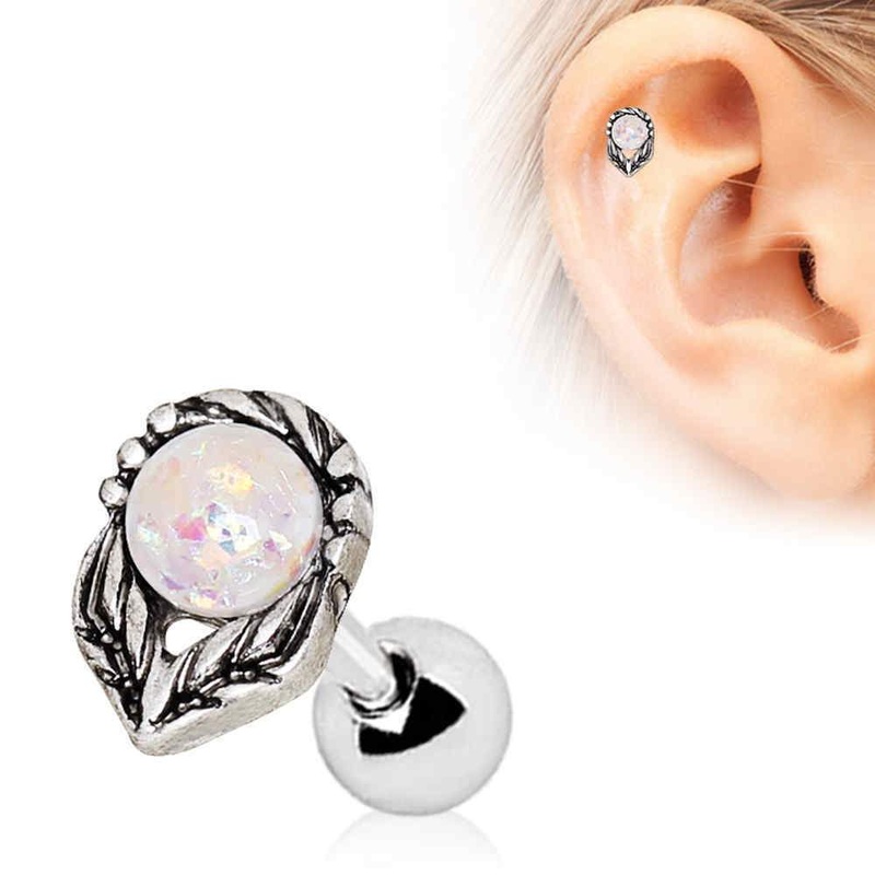 Synthetic Opal Flower on a Stem Cartilage Barbell Earring – 1 Piece 16G (1.2mm) Length: 1/4″ (6mm)