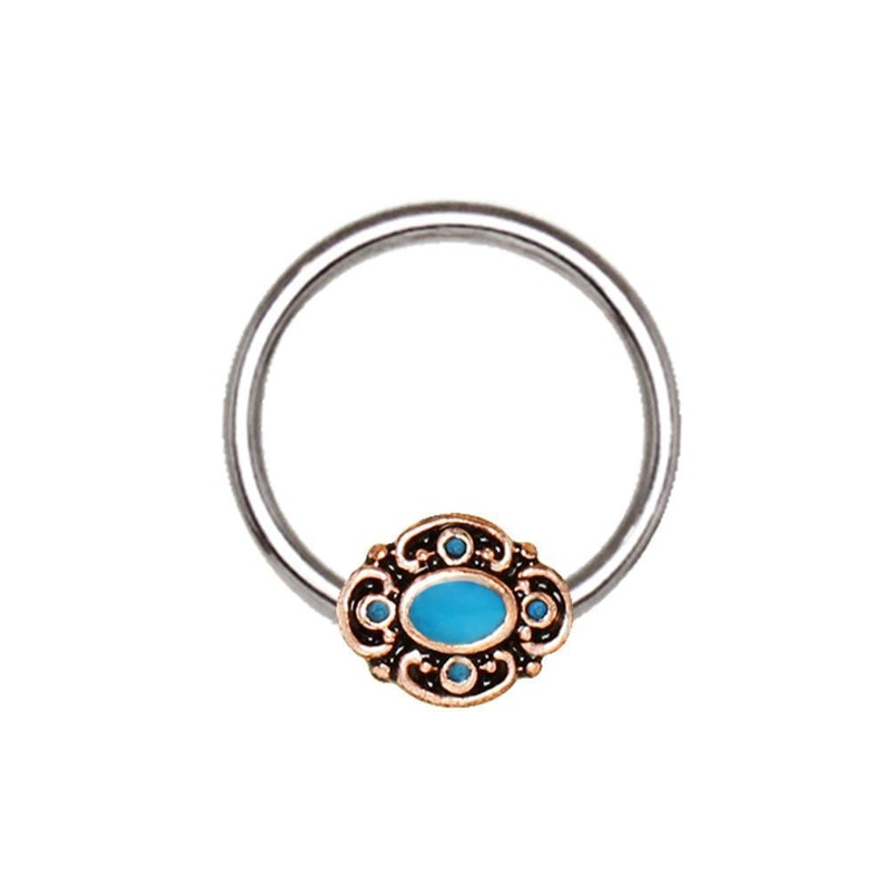 Teal Ornate Bead Snap-in Captive Bead Ring 16G (1.2mm) Inner Diameter: 3/8″ (10mm)