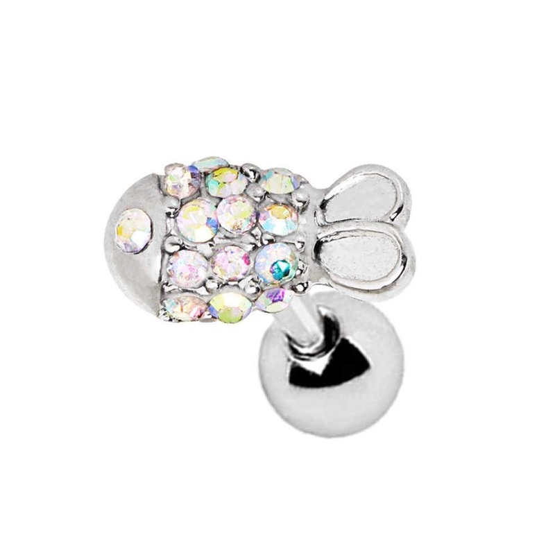 Tiny Rainbow Fish Cartilage Barbell Earring – 1 Piece 16G (1.2mm) Length: 1/4″ (6mm) AuroraBorealis