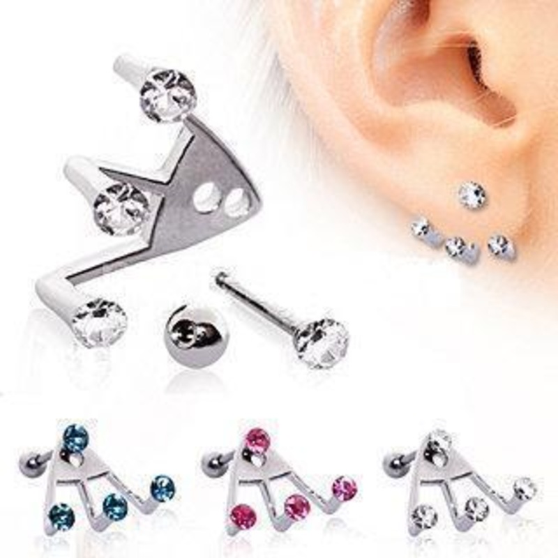 Trident Triple Round CZ Cartilage Earring – 1 Piece 16G (1.2mm) Length: 1/4″ (6mm) Pink
